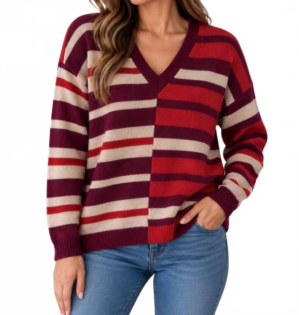 NEW MINNIE ROSE multi-colored striped v-neck knit sweater in vineyard combo